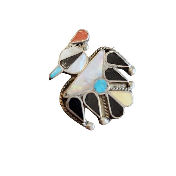 Vintage Sterling Zuni SW Inlaid MOP Turquoise Onxy Thunderbird Brooch (A2139) - Picture 2 of 4